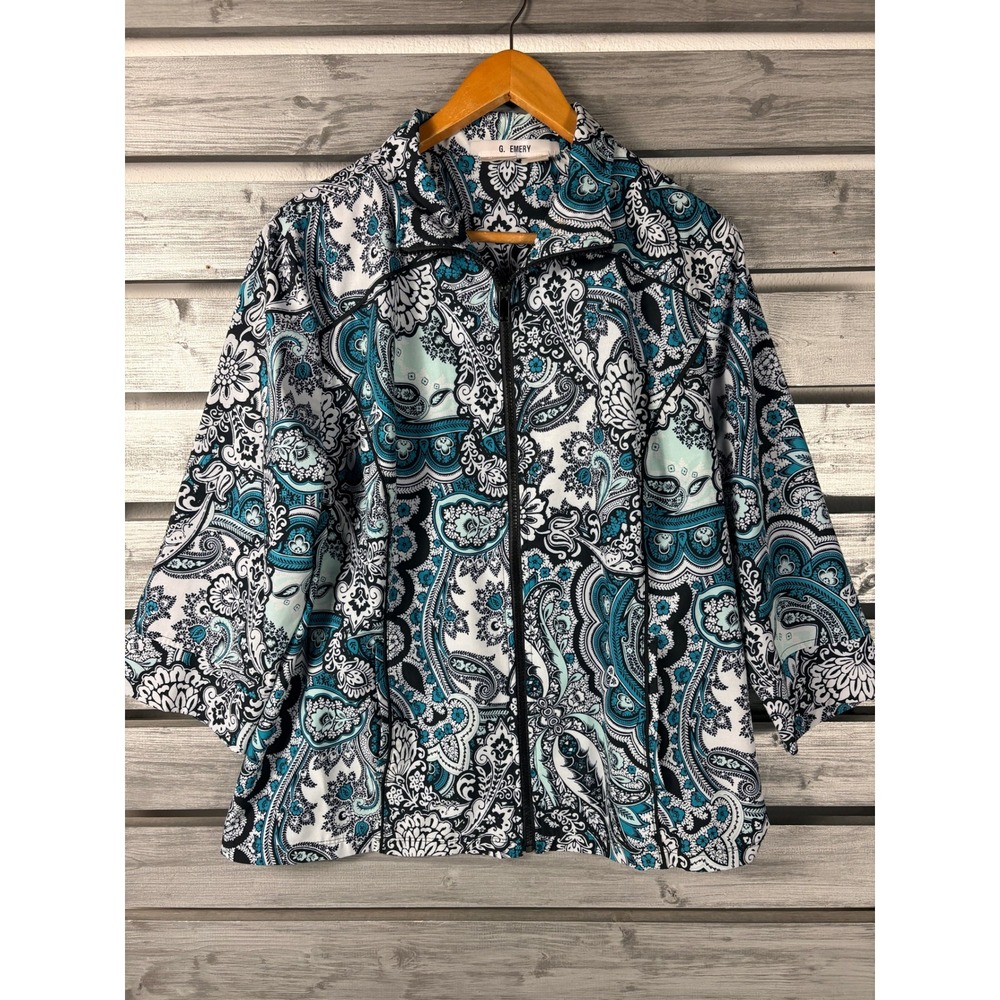 Chicos Zenergy G Emery Paisley Zip Up Windbreaker Jacket 3/4 Sleeve Size 3 16-18